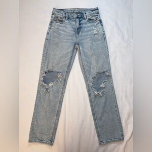 American Eagle Size 0 Light Wash Distressed Super Hi Rise Ankle Straight Jeans